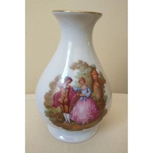 Limoges France Vase Painted La Reine Lovers Forest White Pink Gold Trim